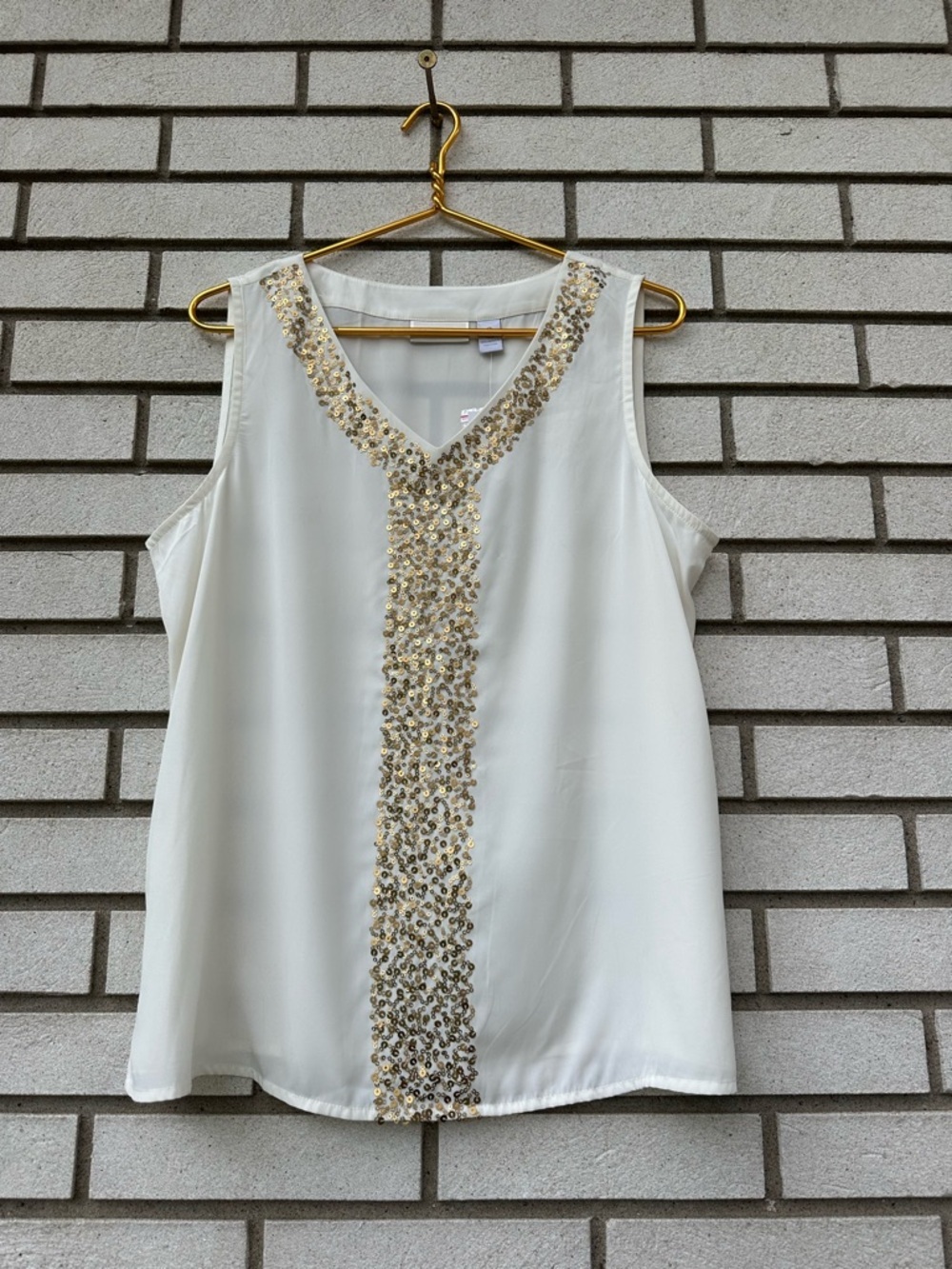 Chico’s Sequin Tank Ecru Sleeveless Blouse Gold Embellished Top L Holiday Glam - Picture 2 of 9